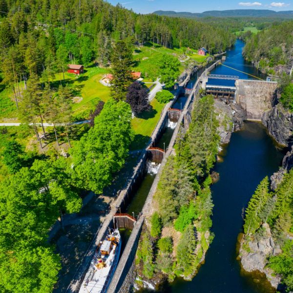 View on the lock system in Vrangfoss on the Historic Telemark Canal