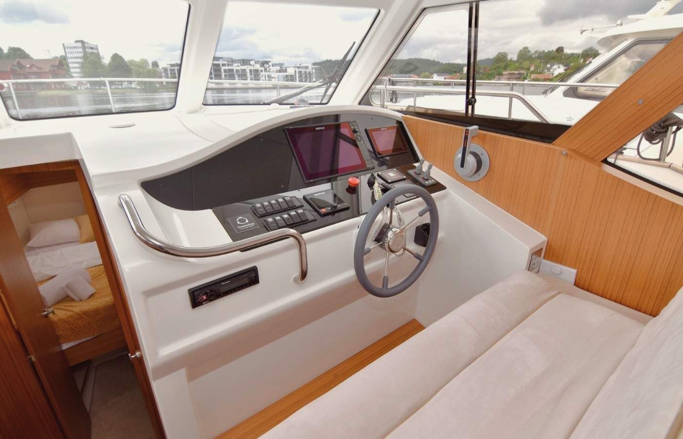 Captain's console on board an electric boat.