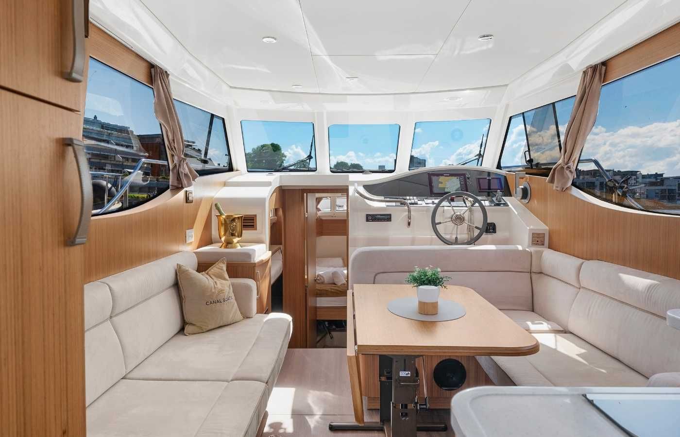 Greenline 33 living lounge on board an electric boat